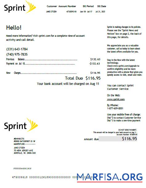 Blank USA Sprint utility bill template in Word and PDF formats, version 2